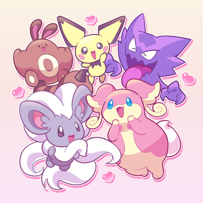 5others absurdres animal_feet animal_focus audino black_eyes blue_eyes blush brown_tail cinccino colored_skin dot_nose drop_shadow fluffy furry furry_female haunter heart highres loveycloud multiple_others no_humans open_mouth outline pawpads pichu pink_background pink_fur pokemon pokemon_(creature) purple_skin sentret simple_background smile tail tongue tongue_out two-tone_fur white_hair white_outline yellow_fur yellow_skin