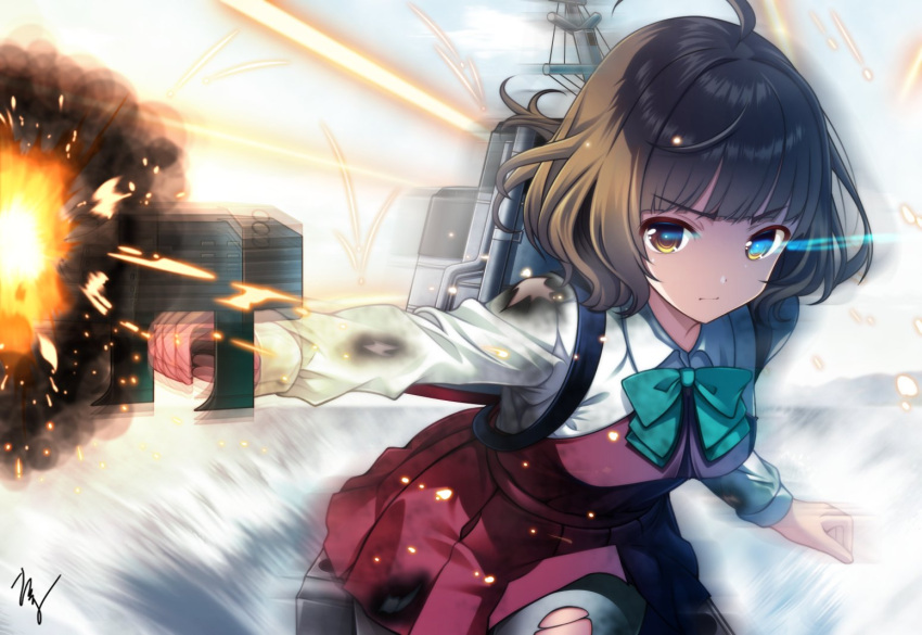 1girl adapted_turret ahoge blunt_bangs brown_hair burnt_clothes cannon collared_shirt cowboy_shot dress dress_shirt firing glowing glowing_eye grey_pantyhose kantai_collection kishinami_(kancolle) machinery muzzle_flash pantyhose pleated_dress purple_dress school_uniform shirt short_hair solo takuma_(takumo7121) torn_clothes torn_pantyhose turret wavy_hair white_shirt