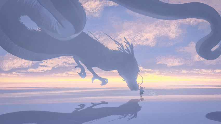 1girl absurdres chinese_zodiac cloud dragon dress eastern_dragon highres horizon morning new_year nothingblues_yuki original scarf scenery shadow standing sunrise whiskers year_of_the_dragon