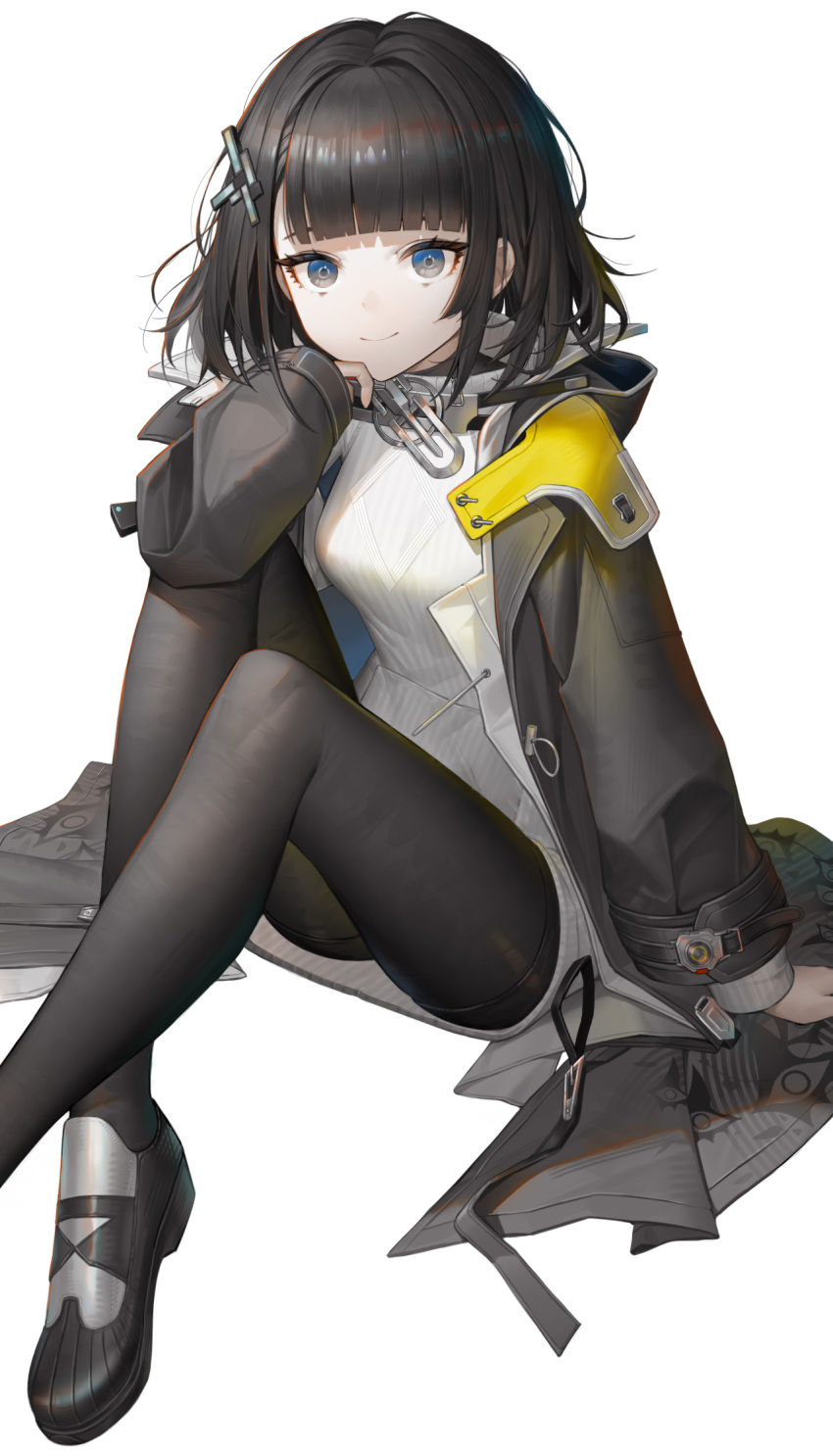 1girl arknights arknights:_endfield arm_support black_footwear black_hair black_hood black_jacket black_pantyhose black_shorts blue_eyes blunt_bangs breasts closed_mouth commentary endministrator_(arknights) eyelashes female_endministrator_(arknights) foot_out_of_frame from_side grey_eyes hair_intakes hair_ornament hairclip hand_on_own_chin hand_up high_collar highres hood hood_down hooded_jacket invisible_floor jacket knees_up layered_sleeves long_sleeves looking_at_viewer looking_to_the_side medium_breasts open_clothes open_jacket pantyhose ribbed_sweater shadow shoes short_hair short_shorts shorts sidelocks simple_background sitting smile soho_(user_dphk5745) solo sweater two-tone_eyes white_background white_sweater wide_sleeves