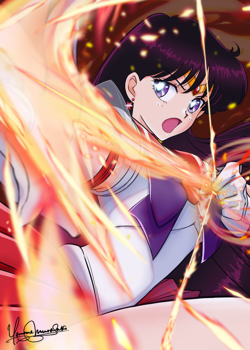 1girl absurdres arrow_(projectile) bishoujo_senshi_sailor_moon bow_(weapon) commentary_request dj_jdite dress fire gloves highres hino_rei long_hair magical_girl miniskirt purple_dress purple_hair sailor_mars see-through see-through_sleeves short_sleeves skirt super_sailor_mars very_long_hair weapon