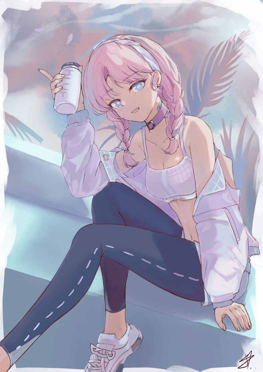 1girl :d absurdres arknights arm_up bare_shoulders blue_eyes blue_pants blue_poison_(arknights) blue_poison_(shoal_beat)_(arknights) braid breasts choker cleavage commentary_request crop_top hairband highres holding jacket leggings lolifreak long_hair looking_at_viewer midriff navel off_shoulder official_alternate_costume open_clothes open_jacket open_mouth pants pink_choker pink_hair shoes sitting small_breasts smile sneakers solo spaghetti_strap sports_bra stomach twin_braids white_footwear white_jacket