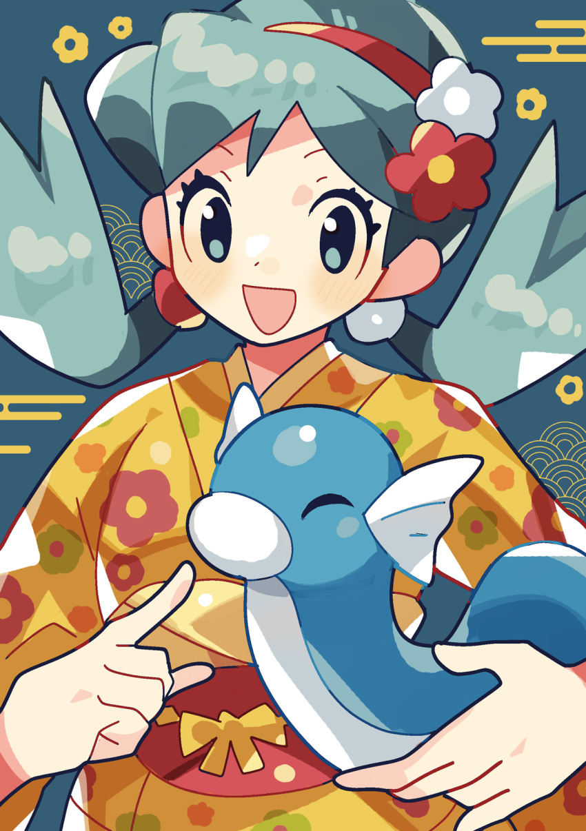 1girl alternate_costume anidler91 animal aqua_eyes aqua_hair blue_background blush commentary dratini egasumi floral_print flower hair_flower hair_ornament highres holding holding_animal holding_pokemon japanese_clothes kimono kris_(pokemon) looking_at_viewer open_mouth pokemon pokemon_(creature) pokemon_gsc red_flower seigaiha simple_background smile solo twintails white_flower yellow_kimono