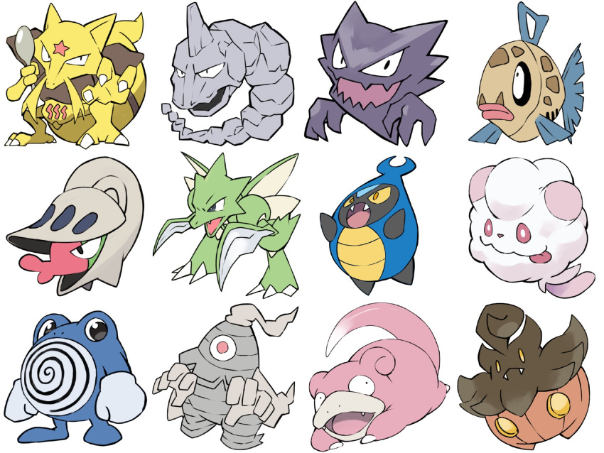 animal_focus claws closed_mouth colored_skin commentary_request detached_arm dusclops facial_mark fangs feebas fish forehead_mark gara_(qbeuxvii22) ghost haunter highres holding holding_spoon kadabra karrablast no_humans one-eyed onyx_(pokemon) open_mouth pink_skin pokemon pokemon_(creature) poliwhirl pumpkaboo purple_skin red_eyes scyther shelmet simple_background skin_fangs slowpoke spoon star_(symbol) swirlix tail white_background yellow_eyes