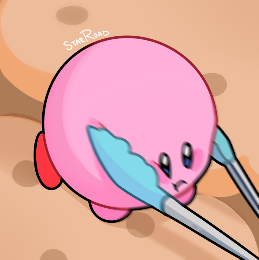 colored_skin highres kirby kirby's_dream_buffet kirby_(series) motion_lines no_humans pink_skin signature solid_oval_eyes solo starroad tongs