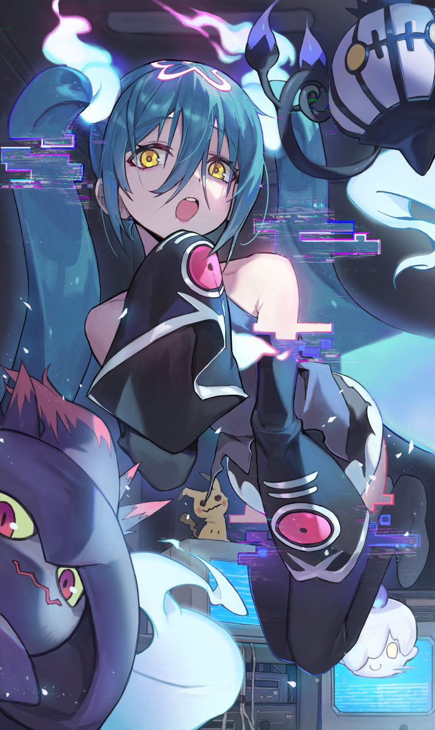 1girl absurdres aqua_hair bare_shoulders black_skirt black_sleeves black_thighhighs chamchamshia chandelure colored_sclera commentary detached_sleeves fire_hair_ornament floating ghost_miku_(project_voltage) glitch gradient_hair grey_shirt hatsune_miku highres indoors long_hair looking_at_viewer mimikyu mismagius monitor multicolored_hair official_alternate_costume open_mouth pokemon pokemon_(creature) print_sleeves project_voltage red_eyes shirt skirt sleeves_past_fingers sleeves_past_wrists symbol-only_commentary teeth thighhighs twintails upper_teeth_only very_long_hair vocaloid white_hair yellow_eyes yellow_sclera