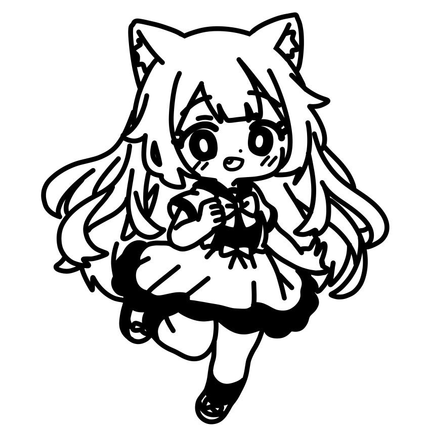 1girl :d absurdres animal_ears cat_ears changkiwi chibi full_body greyscale highres long_hair monochrome open_mouth self-upload smile solo tail white_background