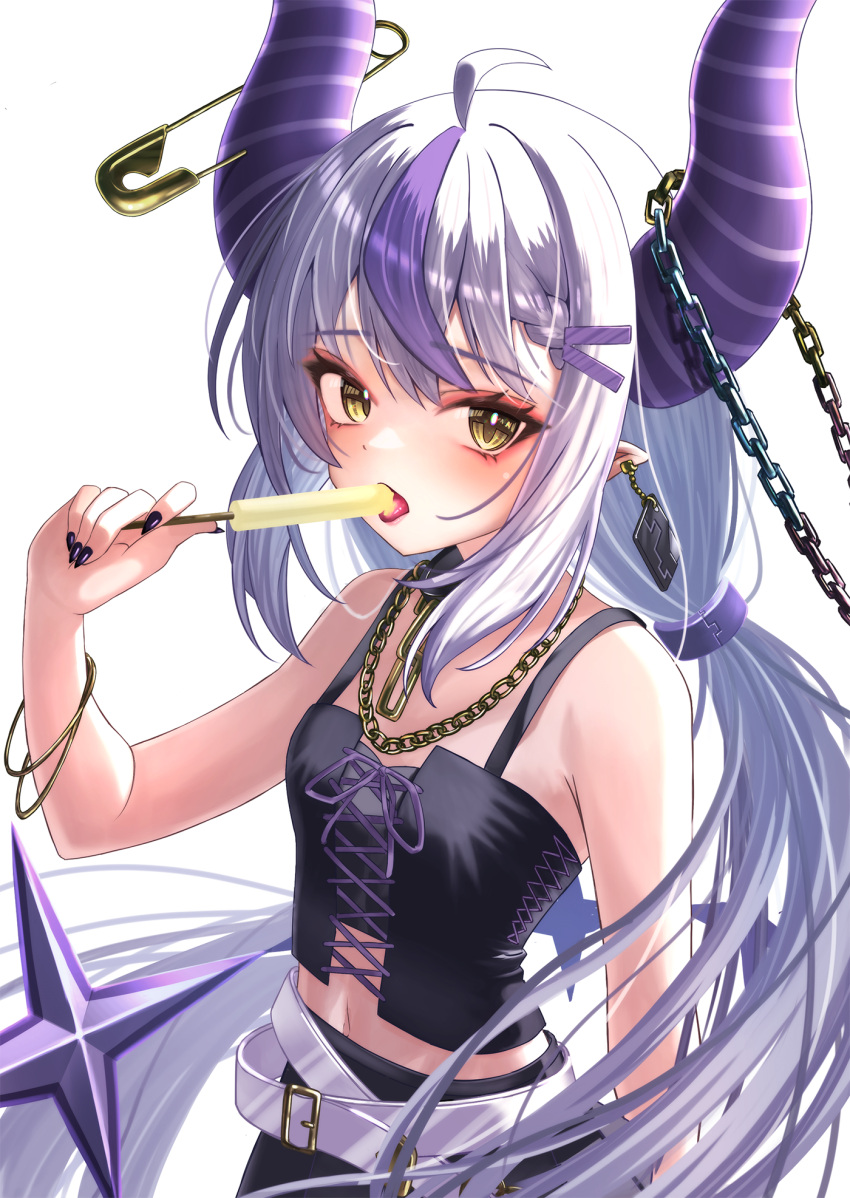 1girl ahoge alternate_costume alternate_hairstyle apurikotto_(o_ekaki_aka) black_bustier black_skirt blush bracelet braid braided_bangs chain cross-laced_clothes demon_horns double-parted_bangs earrings eyeshadow food gold_chain grey_hair highres holding holding_food holding_popsicle hololive horns jewelry la+_darknesss licking long_hair looking_at_viewer low_twintails makeup mascara midriff_peek multicolored_hair navel open_mouth pointy_ears popsicle purple_hair purple_horns red_eyeshadow skirt slit_pupils solo streaked_hair striped_horns tail three_quarter_view tongue tongue_out twintails upper_body very_long_hair virtual_youtuber yellow_eyes