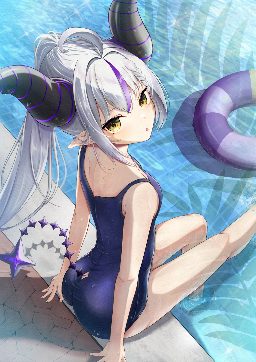 1girl absurdres ahoge alternate_hairstyle arm_support ass ass_cutout black_horns blue_one-piece_swimsuit blush braid braided_bangs clothing_cutout demon_girl demon_horns double-parted_bangs from_above grey_hair highres hololive horns impossible_clothes impossible_swimsuit innertube la+_darknesss long_hair looking_at_viewer median_furrow multicolored_hair new_school_swimsuit one-piece_swimsuit open_mouth pointy_ears ponytail pool poolside purple_hair school_swimsuit sleeveless soaking_feet solo streaked_hair striped_horns swimsuit tail tail_through_clothes taut_clothes taut_swimsuit thighs very_long_hair virtual_youtuber yama5080 yellow_eyes