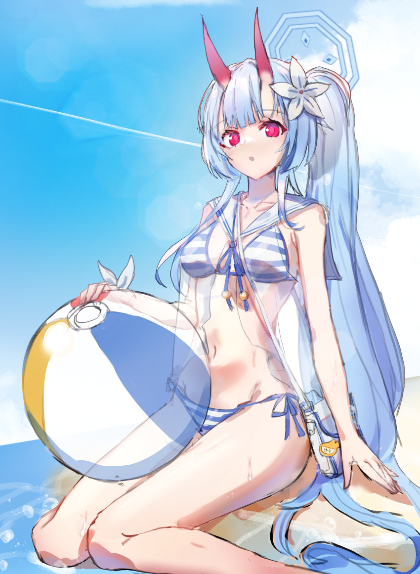 1girl absurdres bag ball beach beachball blue_archive blue_hair braid chise_(blue_archive) chise_(swimsuit)_(blue_archive) flower hair_between_eyes hair_flower hair_ornament halo handbag highres horns long_hair looking_at_viewer official_alternate_costume oni_horns side_ponytail swimsuit user_vzkx5785