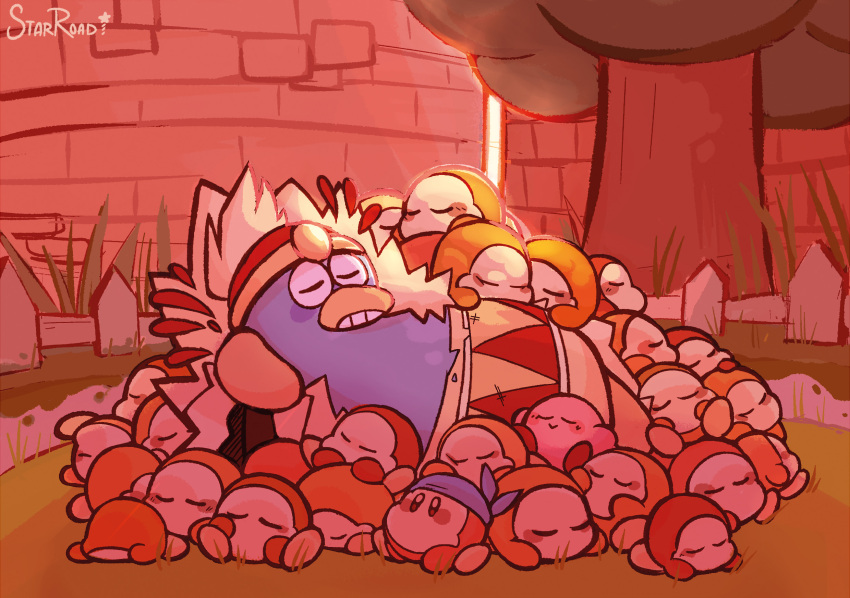 bandana bandana_waddle_dee blue_bandana closed_eyes colored_skin fence grass highres king_dedede kirby kirby_(series) kirby_and_the_forgotten_land no_humans pink_skin signature sleeping solid_oval_eyes starroad too_many tree waddle_dee