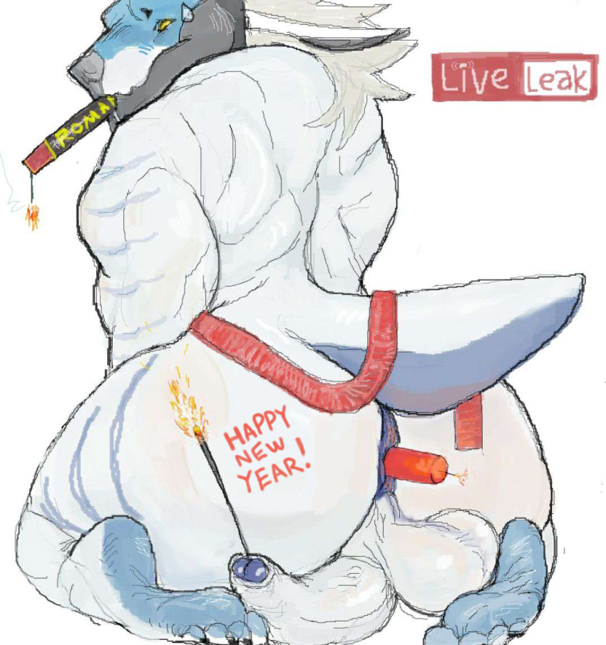 amygdahlia_(artist) anus balls big_penis bodily_fluids butt dragon drawpile feet firework_in_ass firework_in_penis fireworks foreskin genitals hartswell_(amygdahlia) holidays kneeling looking_back male muscular new_year new_year_2024 penis penis_tuck presenting presenting_hindquarters soles solo sweat sweatdrop worried