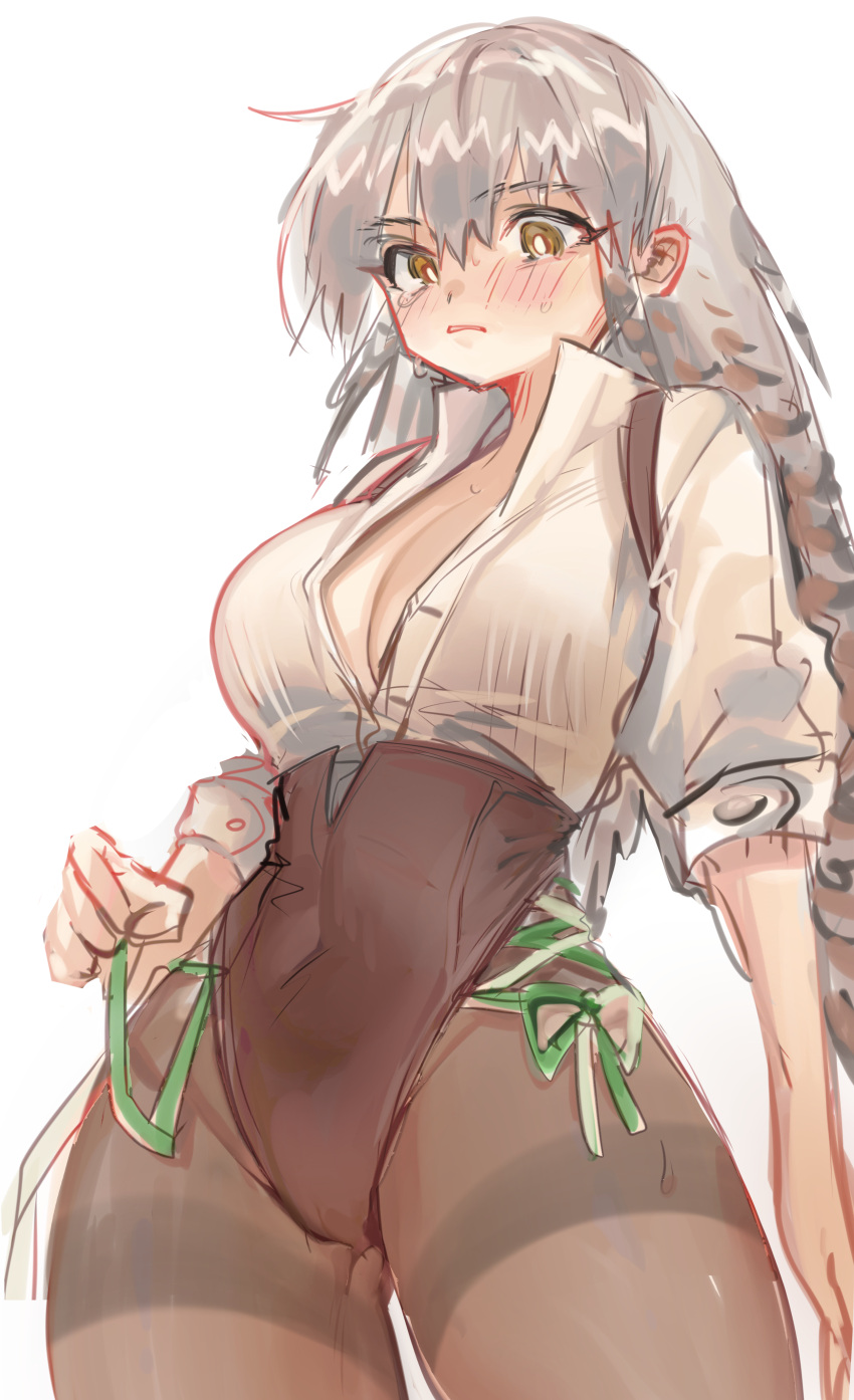1girl absurdres alternate_costume arknights black_leotard blush breasts brown_eyes brown_pantyhose cleavage closed_mouth commentary covered_navel cowboy_shot cross-laced_clothes fartooth_(arknights) feather_hair grey_hair hair_between_eyes highres kaguura_(kagu) leotard long_hair looking_down medium_breasts pantyhose partially_unbuttoned shirt simple_background sketch solo standing suspenders sweat thighband_pantyhose white_background white_shirt