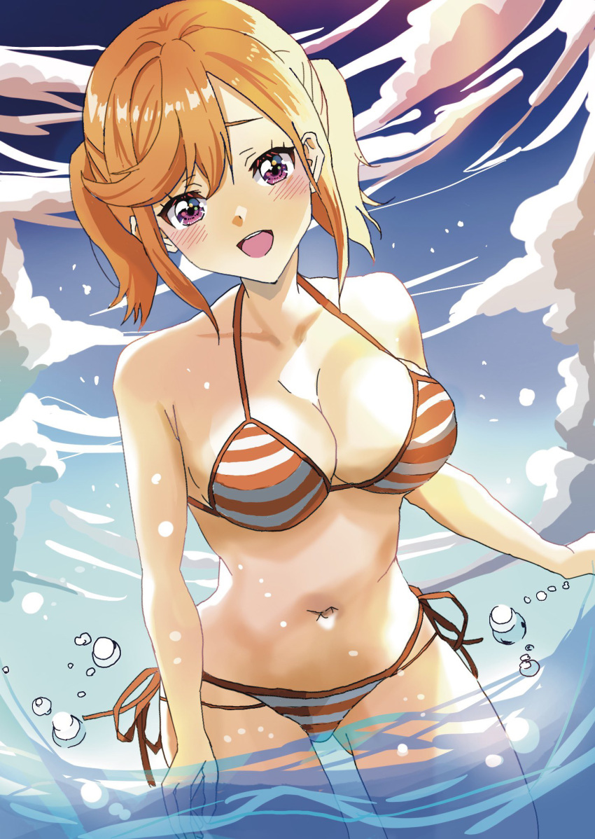 1girl akiranakayama05 bare_arms bare_legs bare_shoulders bikini blush breasts cleavage cloud collarbone commentary_request cowboy_shot highres large_breasts looking_at_viewer love_live! love_live!_superstar!! ocean open_mouth orange_hair outdoors purple_eyes shibuya_kanon short_hair side-tie_bikini_bottom smile solo striped striped_bikini swimsuit teeth upper_teeth_only wading