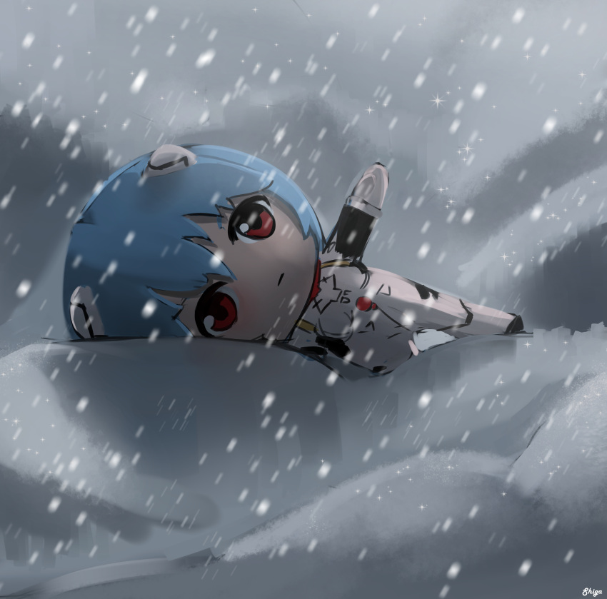 1girl absurdres ayanami_rei blue_hair bodysuit character_doll expressionless highres interface_headset neon_genesis_evangelion pilot_suit plugsuit red_eyes rei_chikita shadow shiga_96 short_hair snowing solo