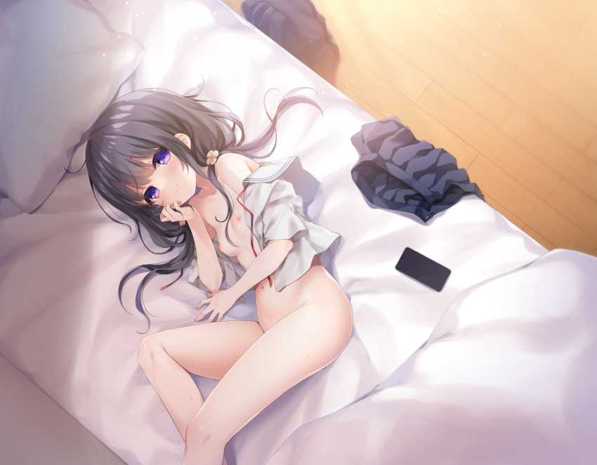 1girl bag bed black_hair blush bottomless breasts cellphone closed_mouth collarbone comiket_103 commentary_request fummy hair_between_eyes hair_ornament highres long_hair navel original petite phone pillow purple_eyes school_uniform small_breasts smile solo