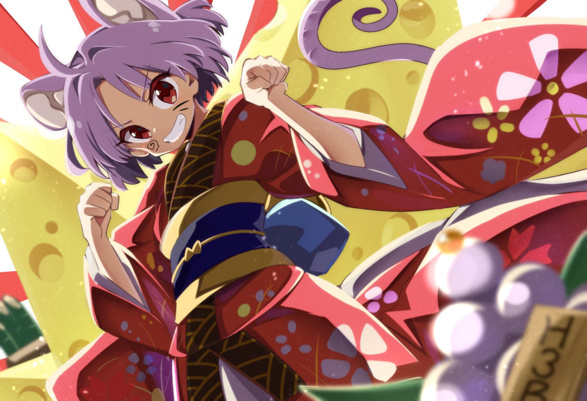 1girl ahoge animal_ears baba_(baba_seimaijo) cheese cherry_blossom_print chinese_zodiac commentary_request face_painting floral_print food grin hands_up highres japanese_clothes kadomatsu kagami_mochi kimono lavender_hair looking_at_viewer mouse_ears mouse_tail new_year paw_pose red_eyes red_kimono short_hair smile solo sukuna_shinmyoumaru sunburst sunburst_background tail touhou upper_body wide_sleeves year_of_the_rat