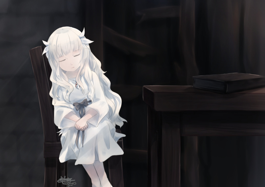 1girl black_ribbon book chair clae_(exclaebur) closed_eyes commentary dress ender_lilies_quietus_of_the_knights english_commentary expressionless indoors lily_(ender_lilies) long_hair own_hands_together ribbon signature sitting solo table white_dress white_hair