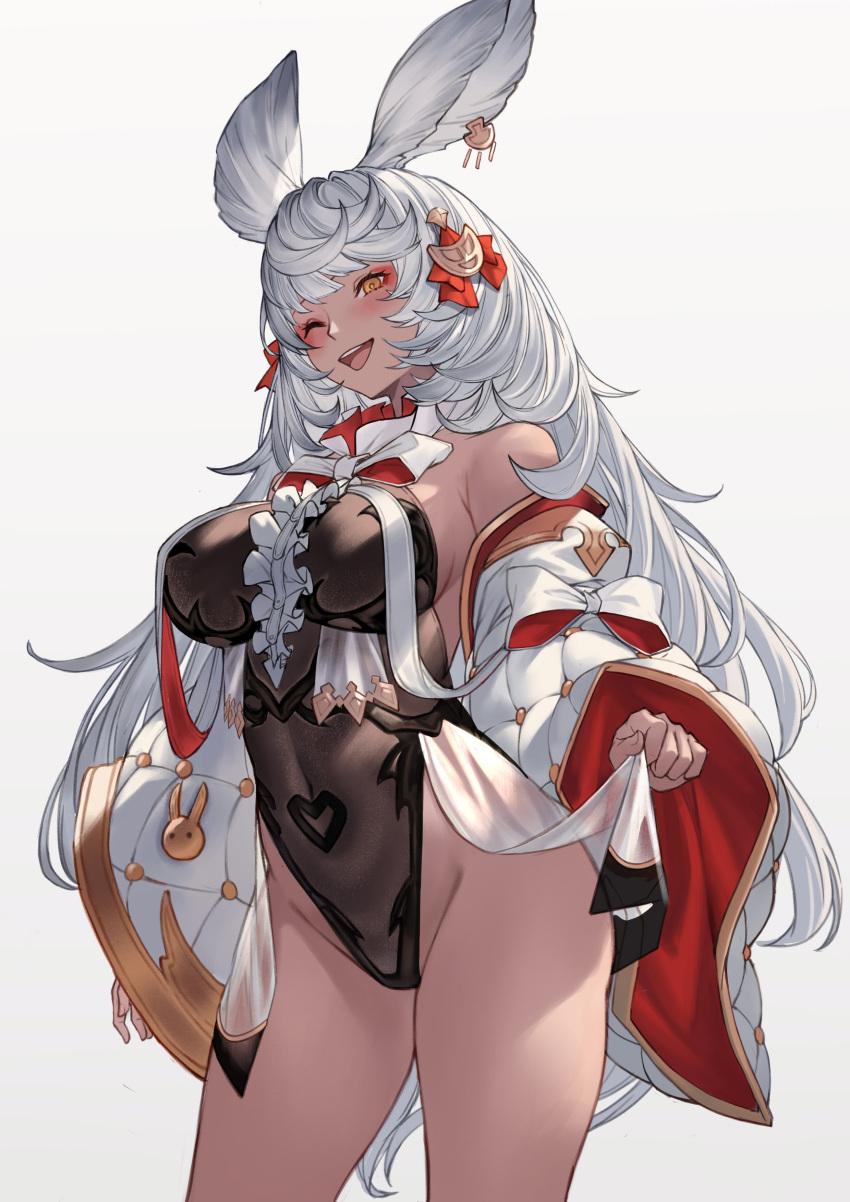 1girl ;d absurdres animal_ears bare_shoulders black_leotard blush bow bowtie breasts clothes_lift covered_navel cowboy_shot dark-skinned_female dark_skin detached_sleeves erune frills granblue_fantasy groin hair_ornament highleg highleg_leotard highres large_breasts leotard lialight lifted_by_self long_hair long_sleeves looking_at_viewer makura_(granblue_fantasy) nontraditional_playboy_bunny one_eye_closed open_clothes open_mouth orange_eyes see-through see-through_leotard see-through_skirt simple_background skirt smile solo standing teeth thighs upper_teeth_only very_long_hair white_hair wide_sleeves