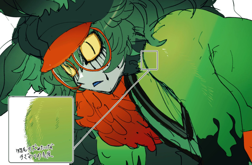 1boy animal_ears black_headwear cabbie_hat close-up colored_sclera glasses green_fur green_hair hair_between_eyes hat highres long_hair male_focus master_detective_archives:_rain_code monster_boy mystery_phantom oishikunatte_shintoujou open_mouth red-framed_eyewear round_eyewear simple_background slit_pupils solo upper_body yellow_sclera zilch_alexander