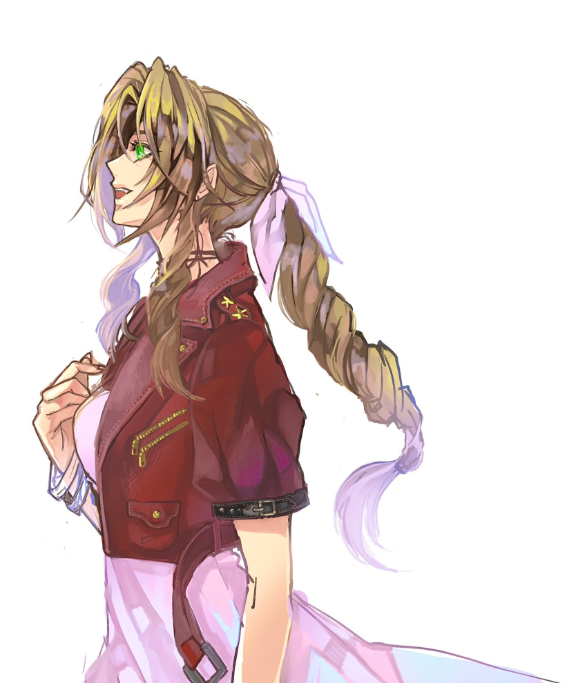 1girl aerith_gainsborough bangle bracelet braid braided_ponytail breasts brown_hair choker cropped_jacket dress eni_(yoyogieni) facing_to_the_side final_fantasy final_fantasy_vii final_fantasy_vii_rebirth final_fantasy_vii_remake green_eyes hair_ribbon hand_on_own_chest highres jacket jewelry long_hair medium_breasts open_mouth parted_bangs pink_dress pink_ribbon profile red_jacket ribbon short_sleeves sidelocks single_braid sketch smile solo upper_body wavy_hair white_background