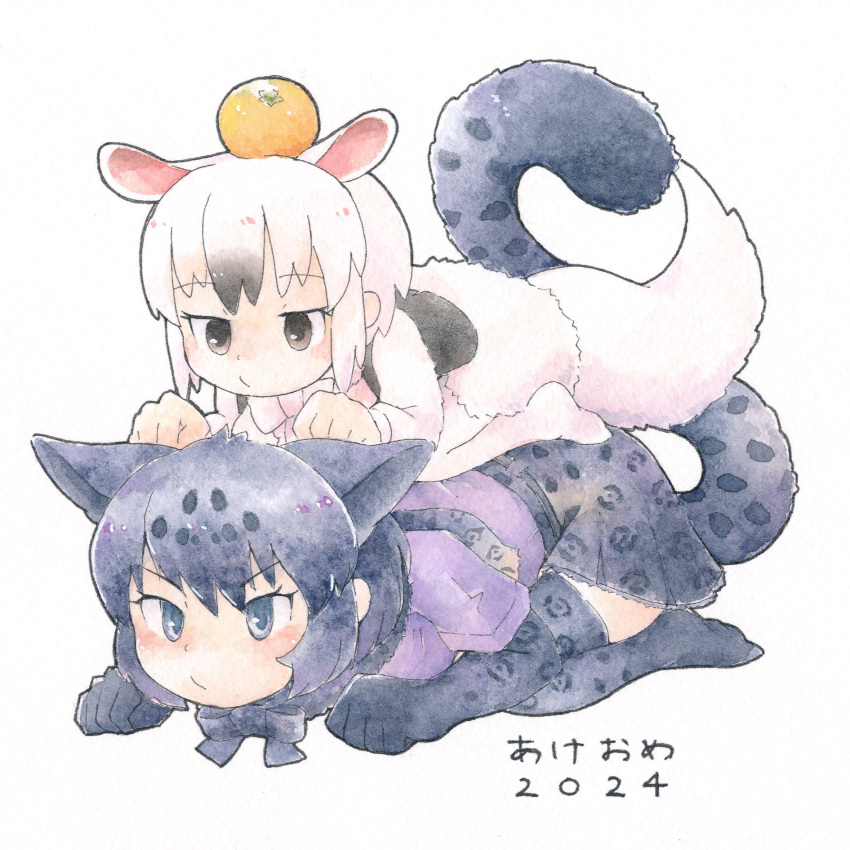 2024 2girls all_fours animal_ears anteater_ears anteater_tail black_bow black_bowtie black_corset black_fur black_gloves black_hair black_jaguar_(kemono_friends) black_skirt blue_eyes blush bow bowtie brown_eyes coat corset elbow_gloves extra_ears food fruit fur_coat fur_collar gloves grey_hair hair_between_eyes highres jaguar_ears jaguar_girl jaguar_print jaguar_tail kemono_friends long_sleeves mtsu84 multicolored_hair multiple_girls no_shoes orange_(fruit) pleated_skirt print_gloves print_skirt purple_sleeves shirt short_sleeves sidelocks sitting sitting_on_person skirt southern_tamandua_(kemono_friends) t-shirt tail translation_request white_bow white_bowtie zettai_ryouiki