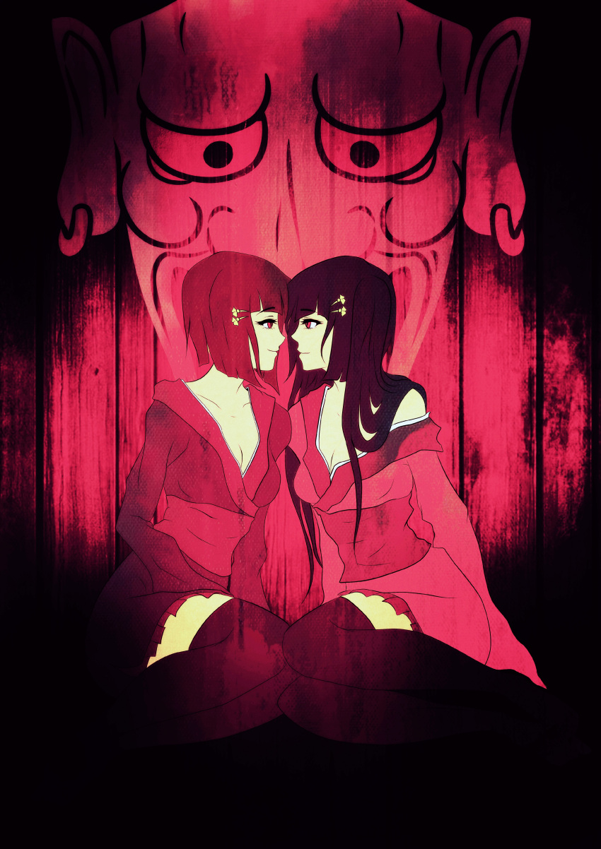 2girls absurdres amaterasu_(masa) black_hair breasts cleavage eye_contact face-to-face faefemi hair_ornament hairclip highres japanese_clothes kimono long_hair long_sleeves looking_at_another multiple_girls off_shoulder red_eyes short_hair short_kimono siblings sisters sitting smile thighhighs tsukuyomi_(masa) twins twintails vocaloid