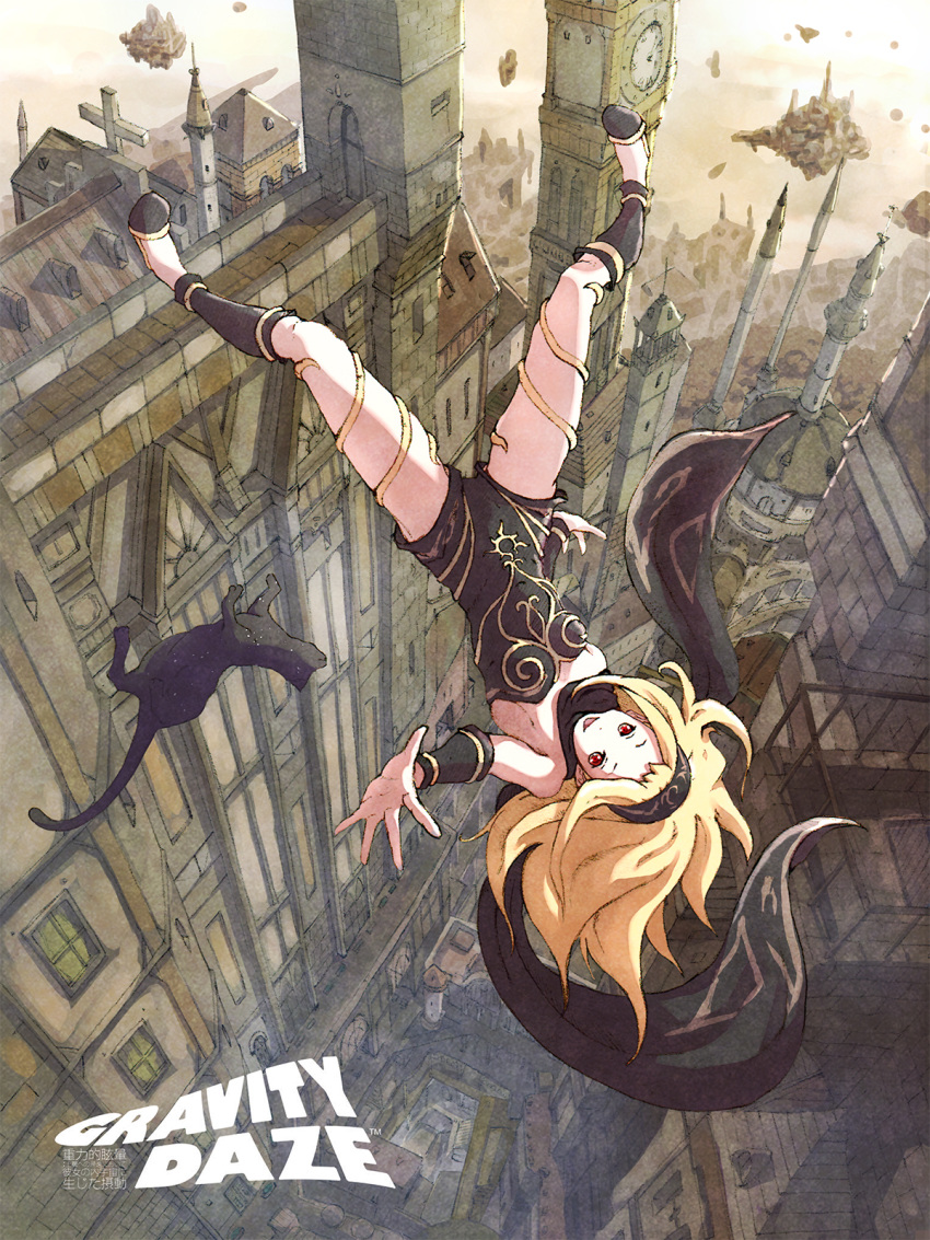 1girl animal arm_warmers bare_shoulders black_cat blonde_hair building cat cityscape clock clock_tower copyright_name dark_skin dusty_(gravity_daze) falling full_body gold_trim graphite_(medium) gravity_daze hairband high_heels highres kitten_(gravity_daze) leg_warmers leotard long_hair looking_at_viewer open_mouth outstretched_hand red_eyes romper satyuas scarf smile solo spire strapless thighlet tower traditional_media upside-down vambraces