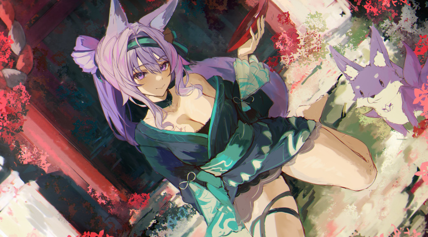 1girl absurdres alcohol animal animal_ears aqua_kimono bare_legs blush breast_tattoo breasts character_request choker closed_eyes collarbone copyright_request cup day fox fox_ears fox_girl fox_tail hair_between_eyes hairband highres holding holding_cup japanese_clothes kimono kneeling large_breasts looking_at_viewer multiple_tails naokomama outdoors ponytail purple_eyes purple_hair sakazuki sake single_off_shoulder sitting solo tail tattoo thigh_strap torii