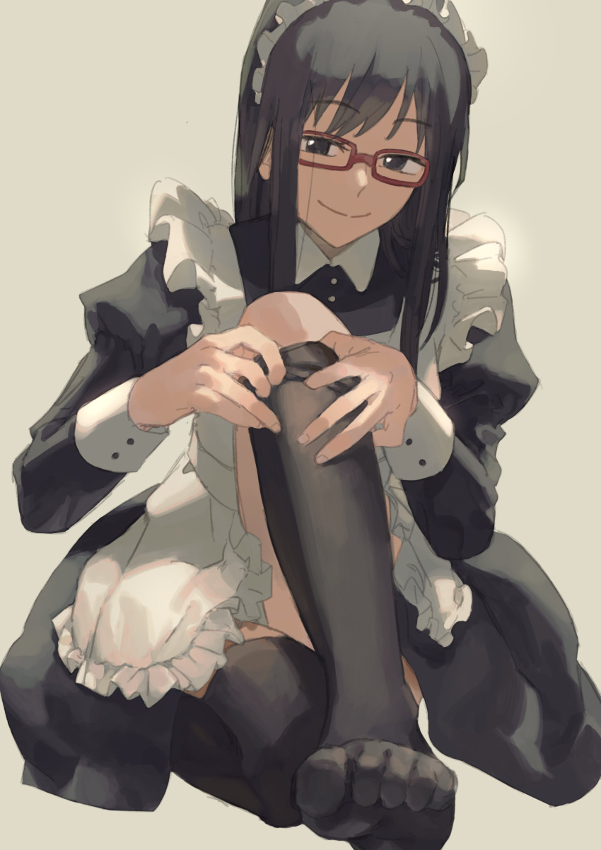 1girl absurdres alternate_costume apron black_dress black_hair black_thighhighs collared_dress convenient_leg dress enmaided eternalpillow04 feet frilled_apron frills glasses hands_up highres juliet_sleeves knee_up long_hair long_sleeves looking_at_viewer loose_hair_strand maid maid_headdress no_shoes puffy_sleeves putting_on_legwear red-framed_eyewear simple_background sitting smile solo straight_hair thighhighs toe_scrunch toes usami_shiori white_apron world_trigger