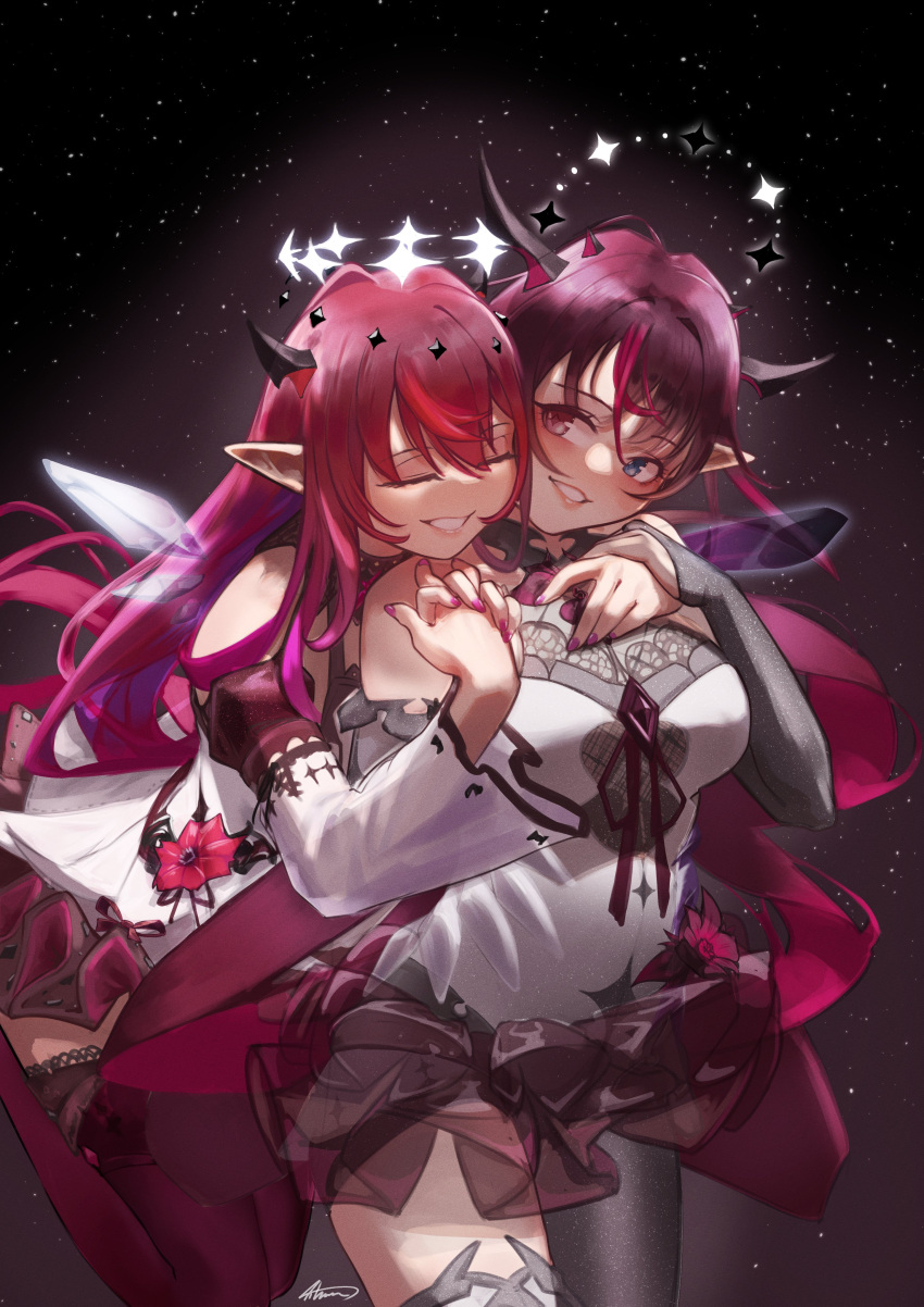 2girls absurdres aiharararara blue_eyes blush breasts closed_eyes demon_horns detached_sleeves detached_wings floating hair_between_eyes halo head_on_another's_shoulder heterochromia highres hololive hololive_english horns hug hug_from_behind interlocked_fingers irys_(hololive) irys_(irys_1.0)_(hololive) irys_(irys_2.0)_(hololive) long_hair medium_breasts multiple_girls multiple_persona pink_nails pointy_ears purple_hair red_eyes red_hair signature sky star_(sky) star_halo starry_sky very_long_hair virtual_youtuber wings yuri