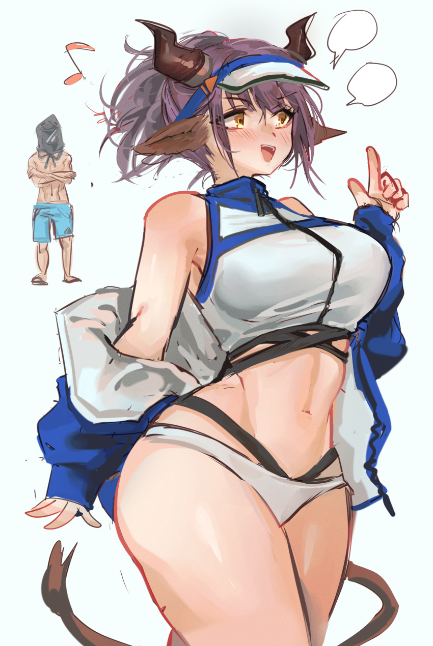 1boy 1girl absurdres animal_ears arknights bikini blank_speech_bubble blue_headwear blue_jacket blush breasts commentary cow_ears cow_girl cow_horns cow_tail cowboy_shot crop_top doctor_(arknights) highres horns index_finger_raised jacket kaguura_(kagu) large_breasts male_doctor_(arknights) musical_note navel off_shoulder official_alternate_costume open_clothes open_jacket open_mouth purple_hair short_hair sideroca_(arknights) sideroca_(light_breeze)_(arknights) simple_background smile solo_focus speech_bubble standing stomach swimsuit tail thighs two-tone_headwear visor_cap white_background white_bikini white_headwear yellow_eyes