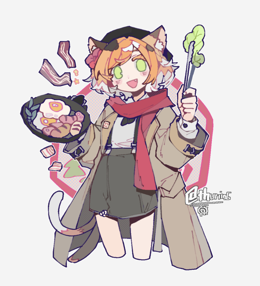 1girl :d animal_ears arknights bacon black_hair blush brown_coat calico cat_ears cat_girl cat_tail coat cowboy_shot cropped_legs fang flower food fried_egg frying_pan green_eyes grey_skirt hair_flower hair_ornament highres holding holding_frying_pan holding_tongs layered_sleeves lettuce long_sleeves mousse_(arknights) mousse_(campfire_cooking_smoke)_(arknights) multicolored_hair multiple_tails official_alternate_costume open_clothes open_coat open_mouth orange_hair red_flower red_scarf sausage scarf shirt short_hair simple_background skirt smile solo suspender_skirt suspenders tail thurim6 tongs two_tails white_background white_hair white_shirt