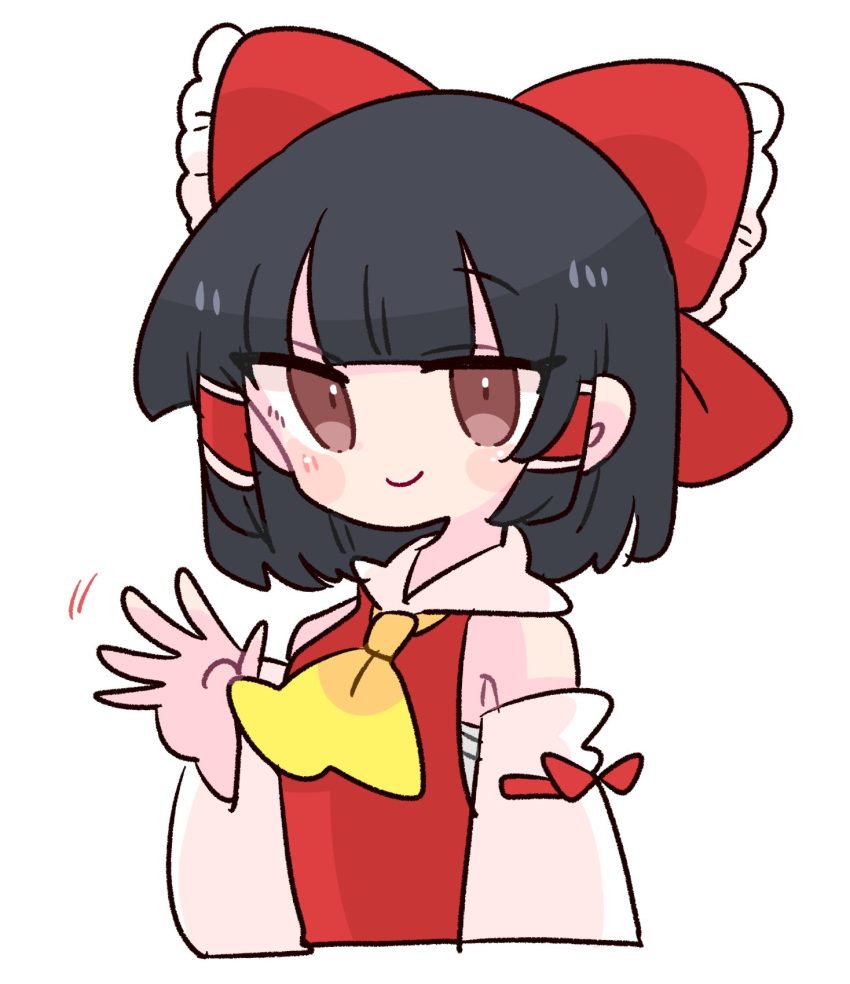 ascot black_hair brown_eyes collared_shirt detached_sleeves frilled_shirt_collar frills hakurei_reimu highres op_na_yarou red_shirt ribbon-trimmed_sleeves ribbon_trim shirt short_hair sleeveless sleeveless_shirt smile touhou waving white_sleeves wide_sleeves yellow_ascot