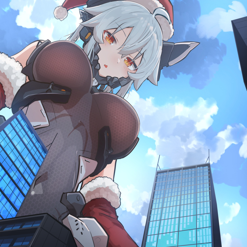 1girl absurdres ahoge bare_shoulders blue_hair blue_sky blush bodysuit breasts christmas cityscape cloud cloudy_sky dragon_girl dragon_horns from_below giant giantess hat highres horns large_breasts looking_at_viewer open_mouth original red_eyes short_hair sigure-zzzz skin_tight sky solo standing upper_body