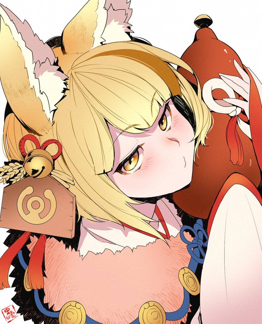 1girl animal_ear_fluff animal_ears bell blonde_hair closed_mouth commentary_request fire_emblem fire_emblem_heroes fox_ears fox_girl hair_bell hair_ornament highres holding_gourd japanese_clothes kimono long_sleeves looking_at_viewer nakabayashi_zun official_alternate_costume pursed_lips selkie_(fire_emblem) selkie_(new_year)_(fire_emblem) short_hair simple_background sleeves_past_wrists solo upper_body white_background yellow_eyes