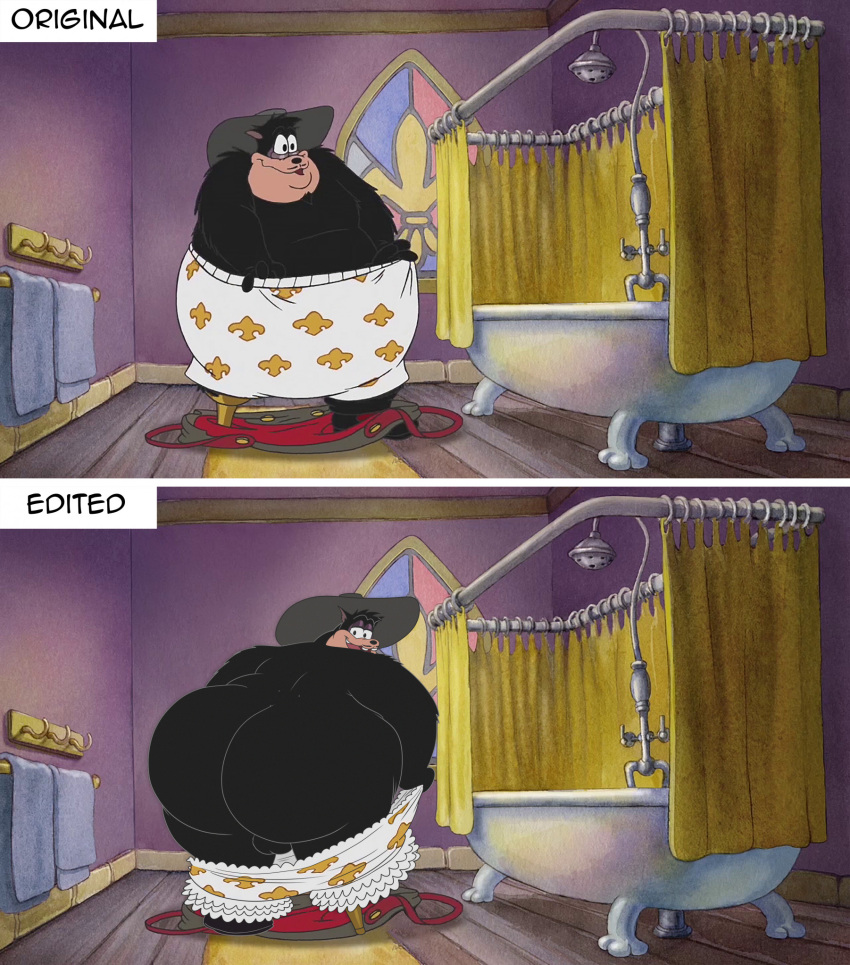 backsack balls bathtub big_butt black_body black_fur butt clothing disney domestic_cat facial_hair felid feline felis fur genitals hi_res looking_back male mammal mustache on_model overweight pete_(disney) screencap screencap_background screencap_redraw shower slightly_chubby smallfryspy the_three_musketeers_(disney) underwear undressing