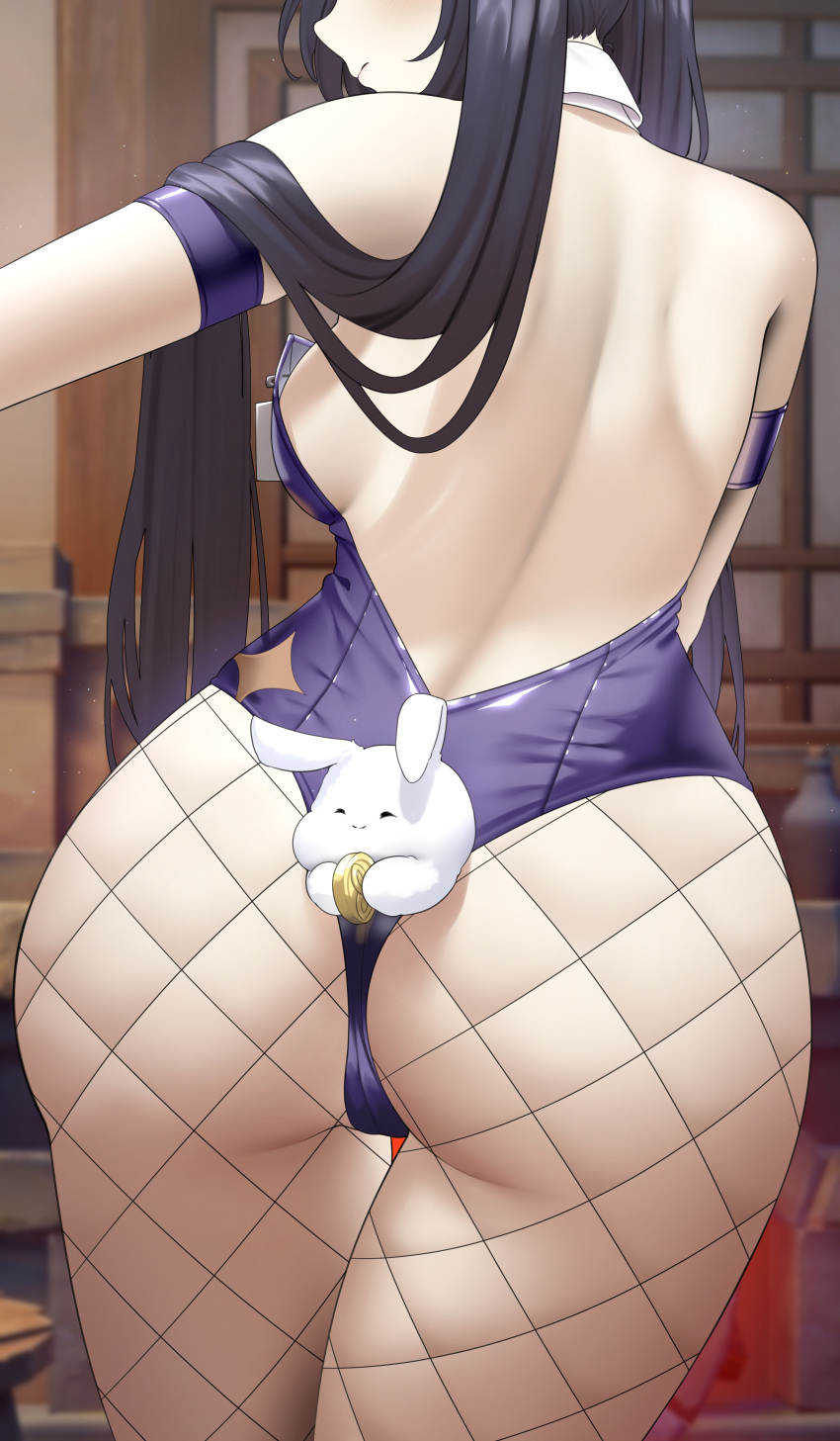 1girl absurdres ass back black_hair blue_leotard breasts commentary_request fishnet_pantyhose fishnets fouriasensei genshin_impact hair_flowing_over highres leotard long_hair medium_breasts mona_(genshin_impact) mora_(genshin_impact) pantyhose playboy_bunny solo strapless strapless_leotard twintails