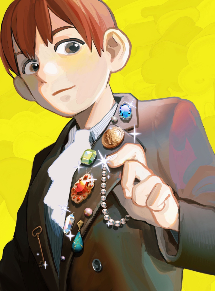 1boy absurdres ascot beads black_jacket blue_gemstone brooch bug chilchuck closed_mouth collared_shirt commentary_request dungeon_meshi from_below from_side gem green_gemstone halfling hand_up highres jacket jewelry key lapels long_sleeves looking_at_viewer male_focus red_gemstone red_hair sanmarino016 shirt short_hair simple_background smile solo sparkle white_ascot yellow_background