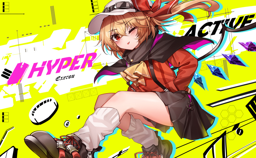 1girl ;p absurdres alternate_costume artist_name ascot baseball_cap black_capelet black_footwear black_skirt blonde_hair bow capelet closed_mouth commentary crystal english_commentary flandre_scarlet full_body goggles goggles_on_headwear hands_in_pocket hat hat_bow highres long_hair long_sleeves looking_at_viewer loose_socks one_eye_closed red_bow red_eyes red_shirt shirt skirt smile socks solo suspenders tongue tongue_out top-exerou touhou white_headwear white_socks wings yellow_ascot