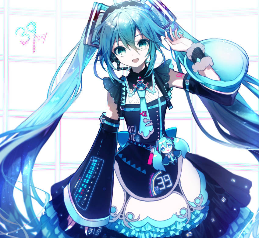 1girl 39 alternate_costume aqua_nails aqua_necktie black_dress black_sleeves blue_hair character_doll chromatic_aberration commentary_request cowboy_shot cyawa detached_sleeves dress english_text green_eyes hand_up hatsune_miku highres long_hair looking_at_viewer microphone miku_day necktie number_tattoo open_mouth shoulder_tattoo sidelocks sleeves_past_fingers sleeves_past_wrists smile solo tattoo twintails vocaloid white_background wrist_cuffs
