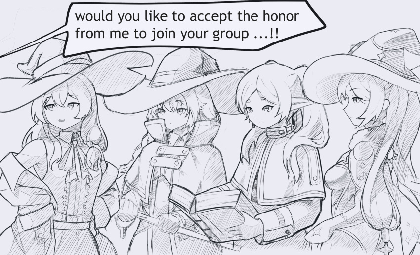 4girls absurdres book braid crossover egalo elaina_(majo_no_tabitabi) expressionless frieren genshin_impact greyscale hands_on_own_hips hat highres holding holding_book holding_staff long_hair looking_at_another mage_staff majo_no_tabitabi mona_(genshin_impact) monochrome multiple_girls mushoku_tensei parted_lips pointy_ears pool roxy_migurdia simple_background sousou_no_frieren staff trait_connection twintails upper_body white_background witch_hat