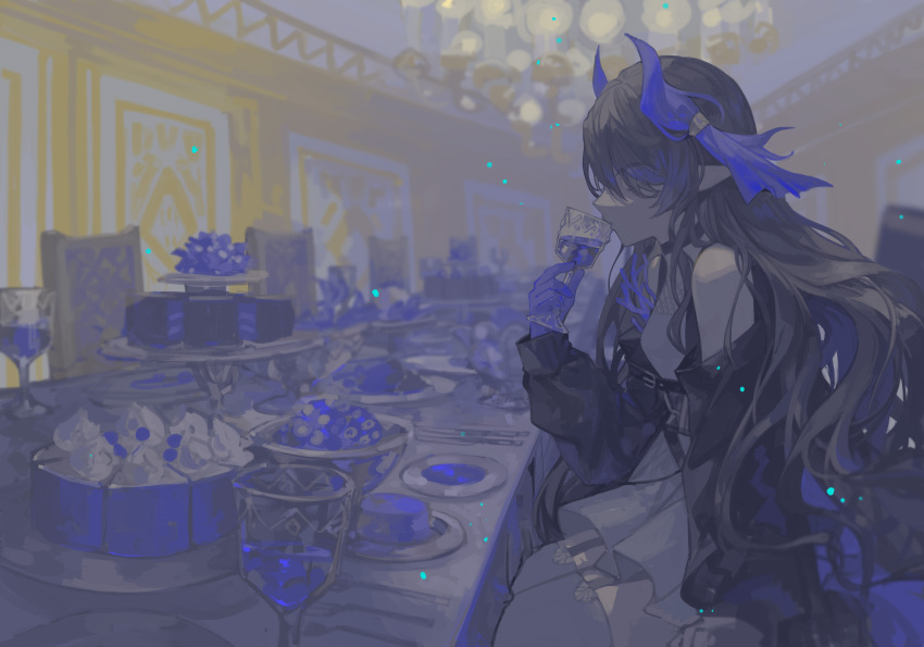 1girl absurdres arknights bare_shoulders black_sleeves blue_horns blue_liquid bowl cake chair chandelier commentary_request cowboy_shot cup dress drinking_glass food fork from_side grey_hair highmore_(arknights) highres holding holding_cup horns indoors long_hair long_sleeves long_table miike_(992058) plate pointy_ears sitting sleeveless sleeveless_dress solo spoon table tiered_tray very_long_hair white_dress