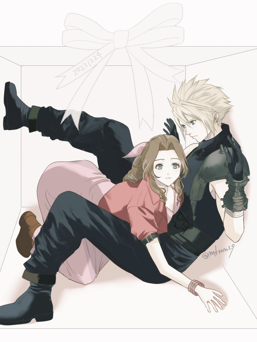 1boy 1girl absurdres aerith_gainsborough bandaged_arm bandages bangle belt black_footwear black_gloves black_pants black_shirt blonde_hair blue_eyes boots box bracelet braid braided_ponytail breasts brown_footwear cloud_strife dated dress final_fantasy final_fantasy_vii final_fantasy_vii_remake full_body gift gift_box gloves green_eyes hair_between_eyes hair_ribbon hands_up highres jacket jewelry long_dress long_hair makiron medium_breasts pants parted_bangs pink_dress pink_ribbon red_jacket ribbon shirt short_hair short_sleeves sidelocks single_bare_shoulder single_braid single_shoulder_pad sleeveless sleeveless_turtleneck spiked_hair stuck_in_a_box suspenders turtleneck twitter_username wavy_hair