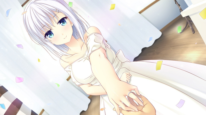 1boy 1girl blue_eyes bow breasts closed_mouth confetti dress game_cg hair_ornament hairclip husband_and_wife indoors jewelry large_breasts light_blush looking_at_viewer making_lover medium_hair non-web_source off-shoulder_dress off_shoulder official_art ring smile taniyama-san tsukino_mashiro waist_bow wedding wedding_dress wedding_ring white_dress white_hair