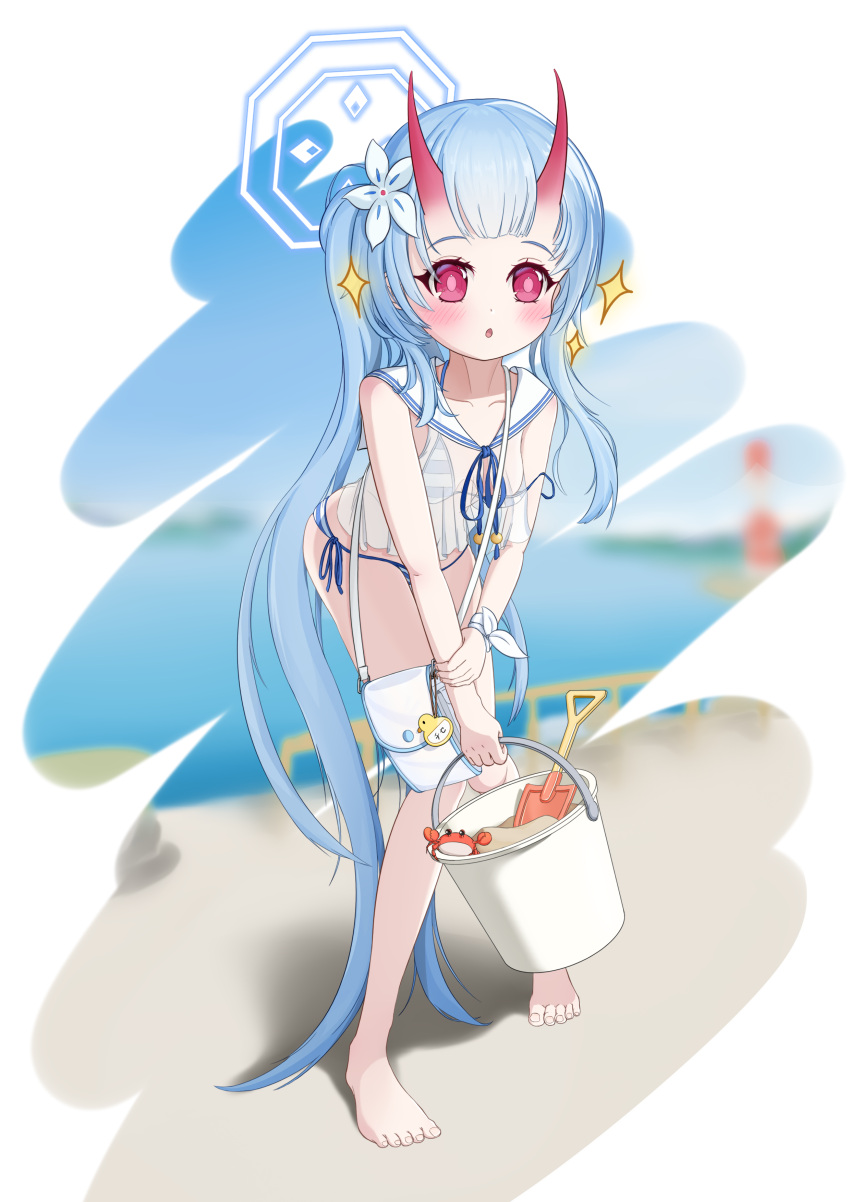 1girl absurdres beach blue_archive blue_hair braid chise_(blue_archive) chise_(swimsuit)_(blue_archive) crab flower hair_between_eyes hair_flower hair_ornament halo highres horns le_spectre long_hair oni_horns sand side_ponytail swimsuit