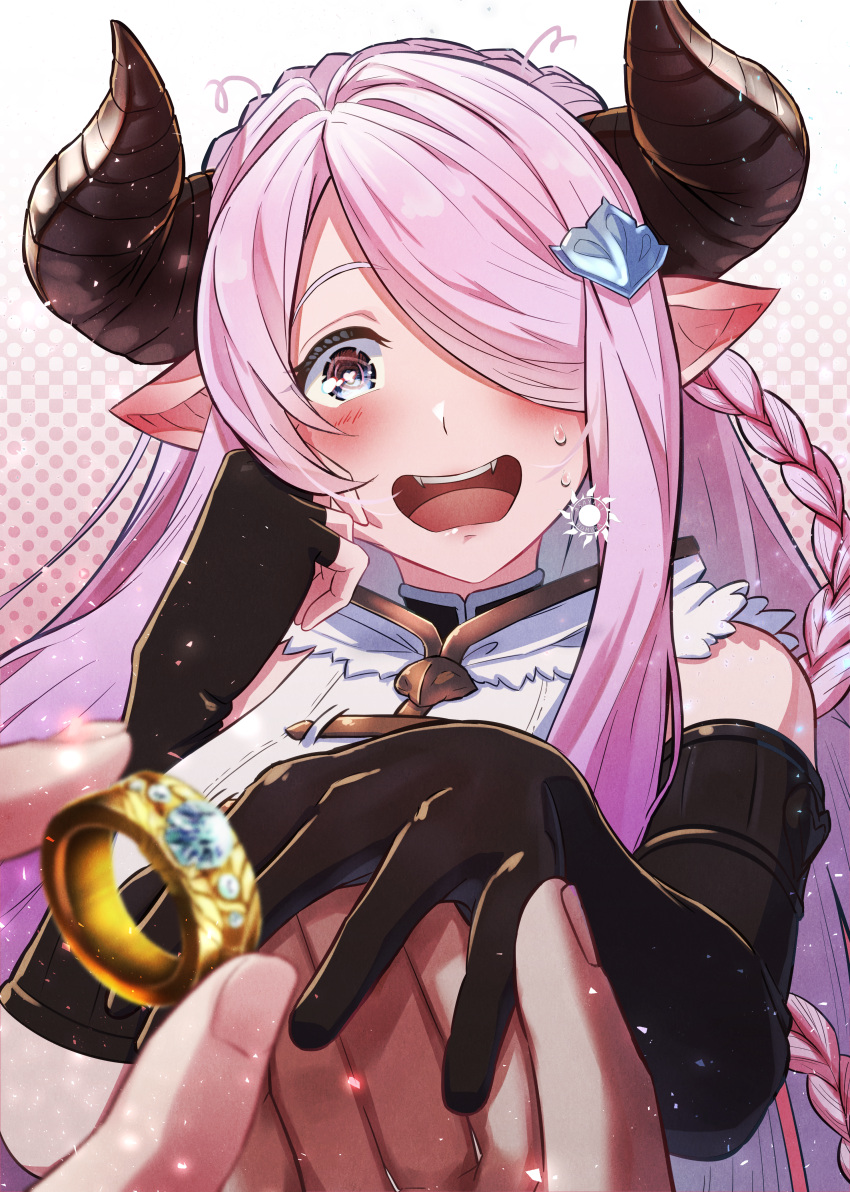 1girl absurdres asymmetrical_gloves blue_eyes blush braid breasts clibworld demon_horns draph gloves granblue_fantasy hair_over_one_eye highres holding holding_jewelry holding_ring horns jewelry large_breasts long_hair marriage_proposal narmaya_(granblue_fantasy) ornate_ring pointy_ears pov pov_hands putting_on_jewelry ring single_braid smile uneven_gloves wedding_ring