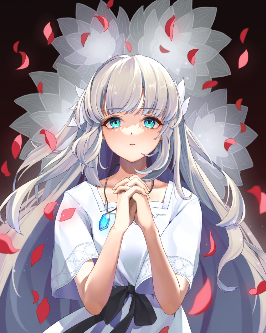 1girl blue_eyes dress ender_lilies_quietus_of_the_knights expressionless flower grey_hair highres jewelry lily_(ender_lilies) long_hair looking_at_viewer lotus necklace own_hands_clasped own_hands_together parted_lips pendant petals punipunimeron1 solo upper_body white_dress white_flower