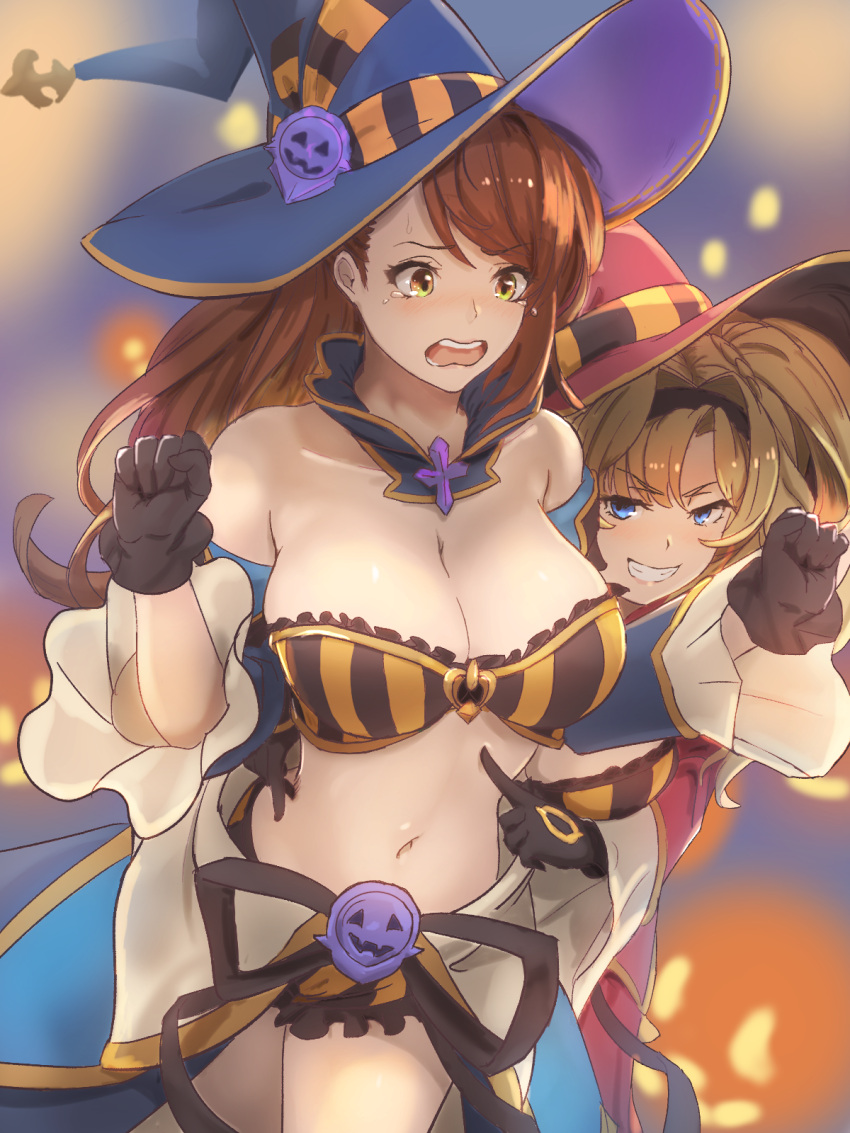 2girls asymmetrical_bangs beatrix_(granblue_fantasy) beatrix_(halloween)_(granblue_fantasy) black_bra black_gloves blonde_hair blue_eyes blue_headwear bra breasts brown_eyes brown_hair cleavage commentary_request detached_collar detached_sleeves embarrassed gloves granblue_fantasy grin halloween halloween_costume hat highres kuyabudz large_breasts long_hair multiple_girls navel official_alternate_costume open_mouth orange_bra poking red_headwear simple_background smile striped striped_bra twintails two-tone_bra underwear vertical-striped_bra vertical_stripes witch_hat zeta_(granblue_fantasy) zeta_(halloween)_(granblue_fantasy)