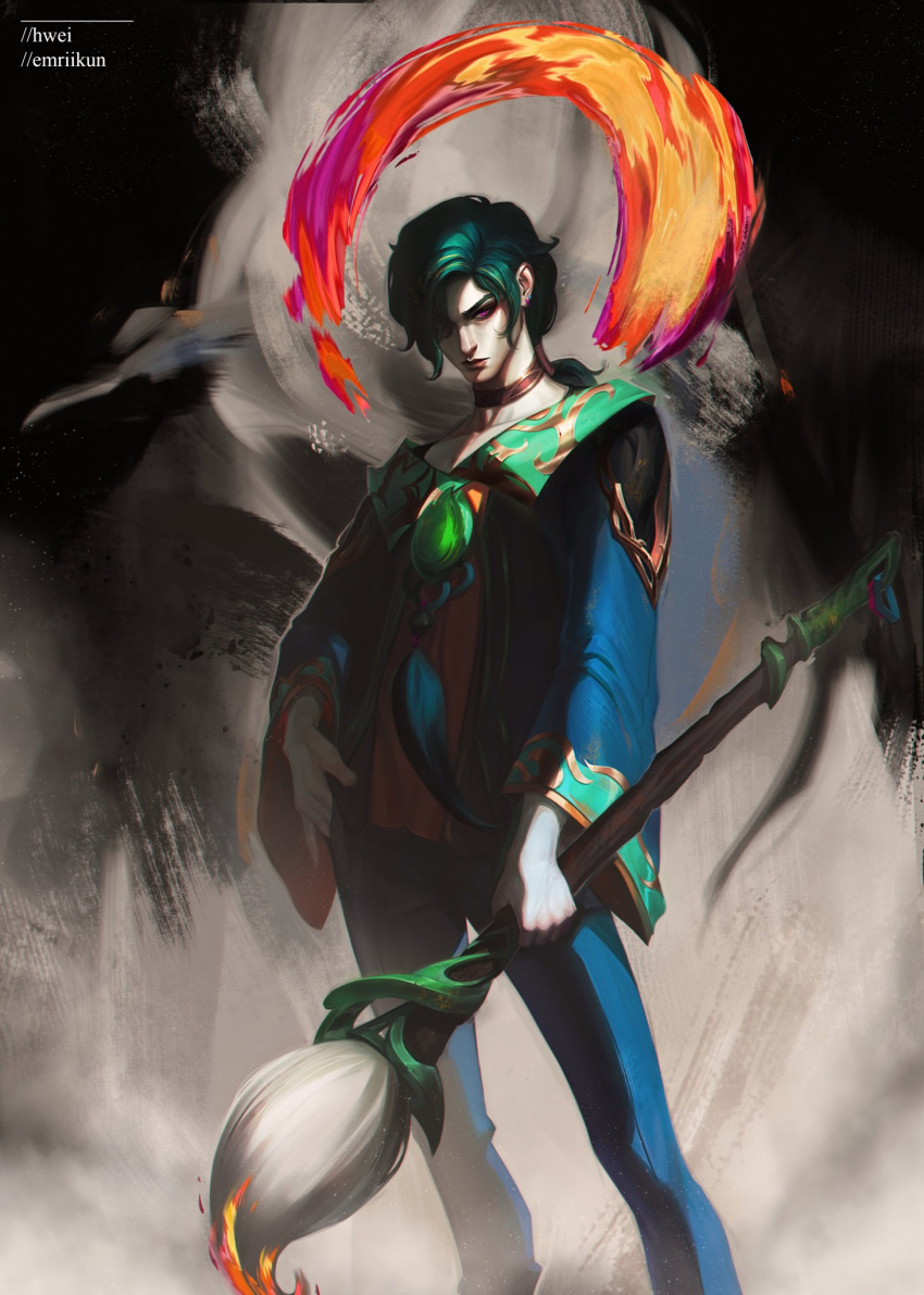 1boy artist_name blue_pants closed_mouth collarbone cowboy_shot earrings emriikun expressionless green_hair hair_over_one_eye hand_in_pocket highres holding holding_brush hwei_(league_of_legends) jewelry league_of_legends long_hair long_sleeves looking_at_viewer male_focus paintbrush pale_skin pants ponytail purple_eyes solo standing swept_bangs wide_sleeves